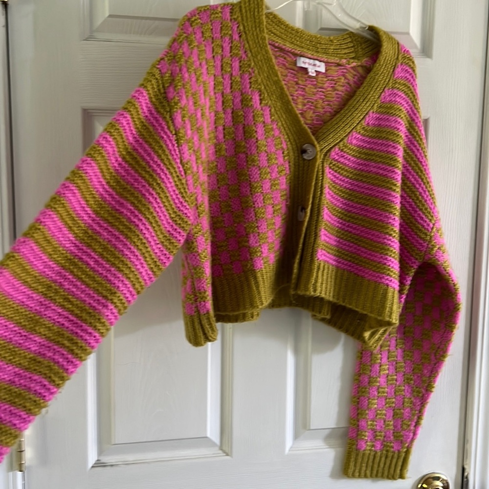 Size L Pink & Green Checkered & Striped Cardigan from Buttermelon